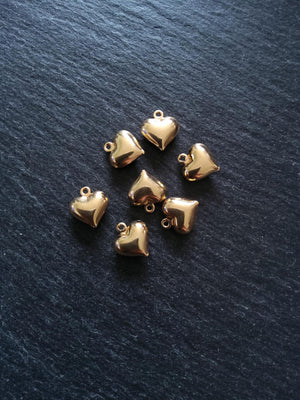 2 or 10 Heart Charms 18K Gold Plated Solid Stainless Steel 13x11.5x4.5mm