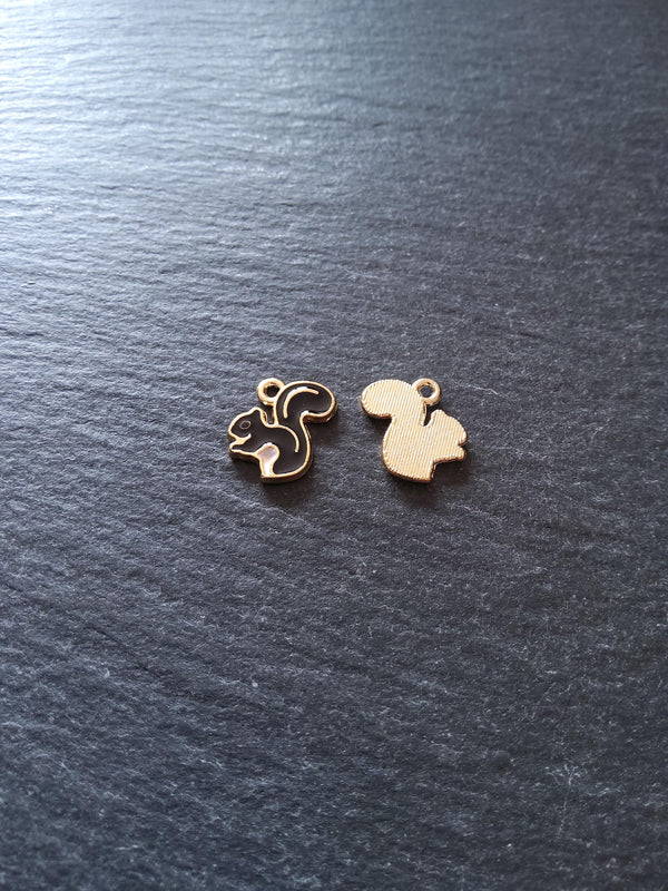 8 or 40 Squirrel Charms Gold Tone Alloy with Black Enamel 14x11mm - ContentedCatz
