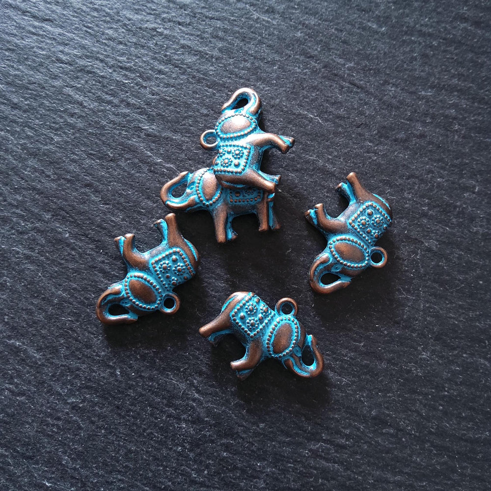 4 or 20 Antique Copper Tone Elephant Charms With Blue Patina 22x18x5mm