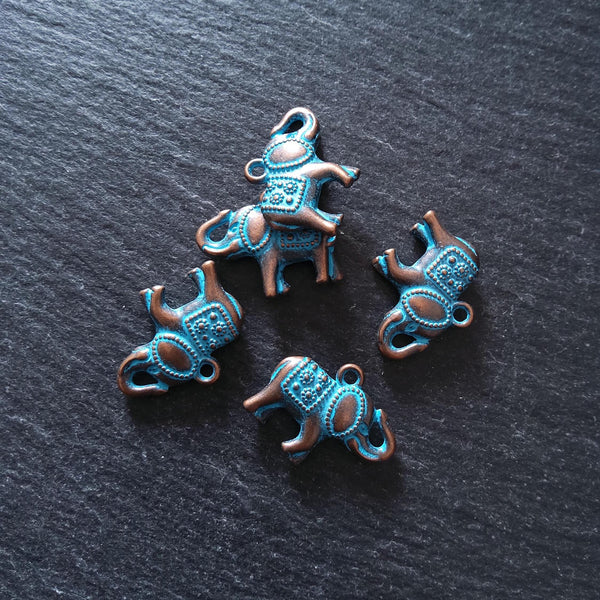 4 or 20 Antique Copper Tone Elephant Charms With Blue Patina 22x18x5mm