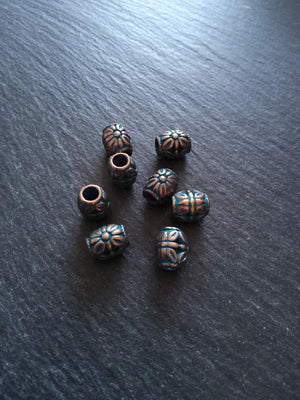 8 or 40 Flower Patterned Beads Antique Copper Tone Alloy with Blue Patina 10.3x8.8x8.5mm Hole: 3.9mm