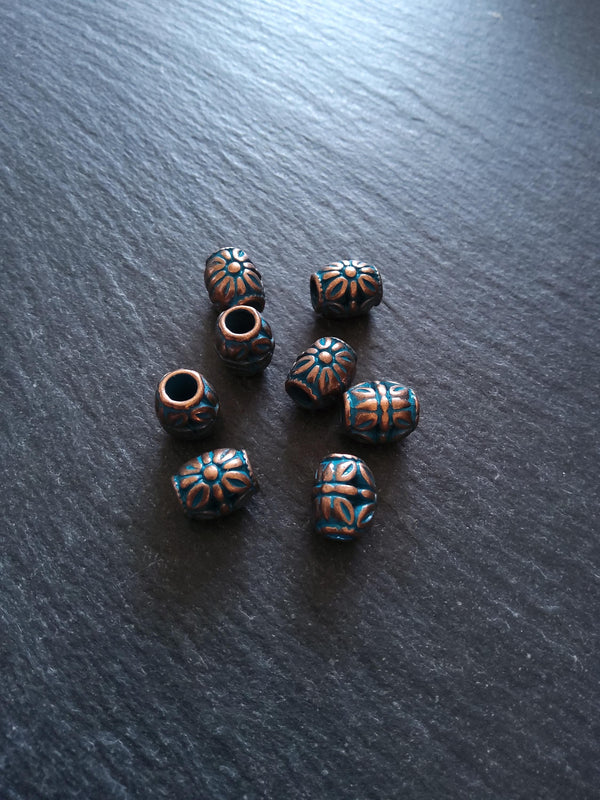 8 or 40 Flower Patterned Beads Antique Copper Tone Alloy with Blue Patina 10.3x8.8x8.5mm Hole: 3.9mm
