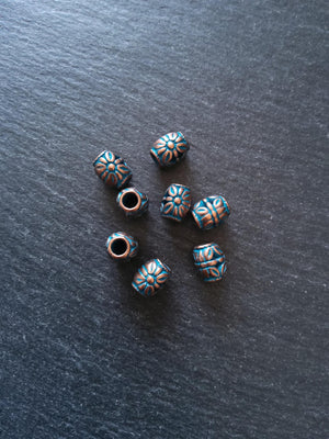 8 or 40 Flower Patterned Beads Antique Copper Tone Alloy with Blue Patina 10.3x8.8x8.5mm Hole: 3.9mm