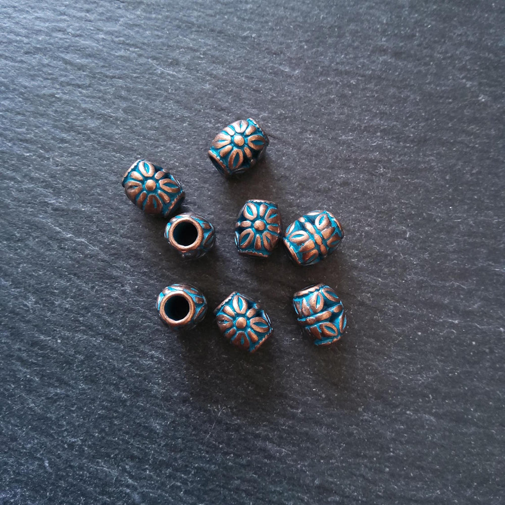8 or 40 Flower Patterned Beads Antique Copper Tone Alloy with Blue Patina 10.3x8.8x8.5mm Hole: 3.9mm