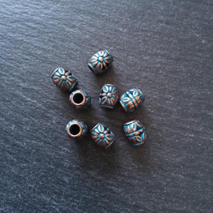 8 or 40 Flower Patterned Beads Antique Copper Tone Alloy with Blue Patina 10.3x8.8x8.5mm Hole: 3.9mm