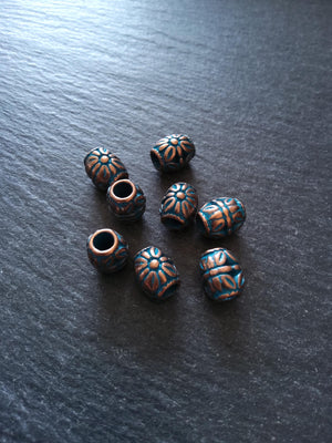 8 or 40 Flower Patterned Beads Antique Copper Tone Alloy with Blue Patina 10.3x8.8x8.5mm Hole: 3.9mm