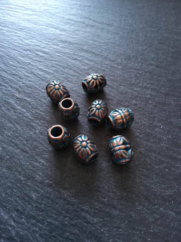 8 or 40 Flower Patterned Beads Antique Copper Tone Alloy with Blue Patina 10.3x8.8x8.5mm Hole: 3.9mm