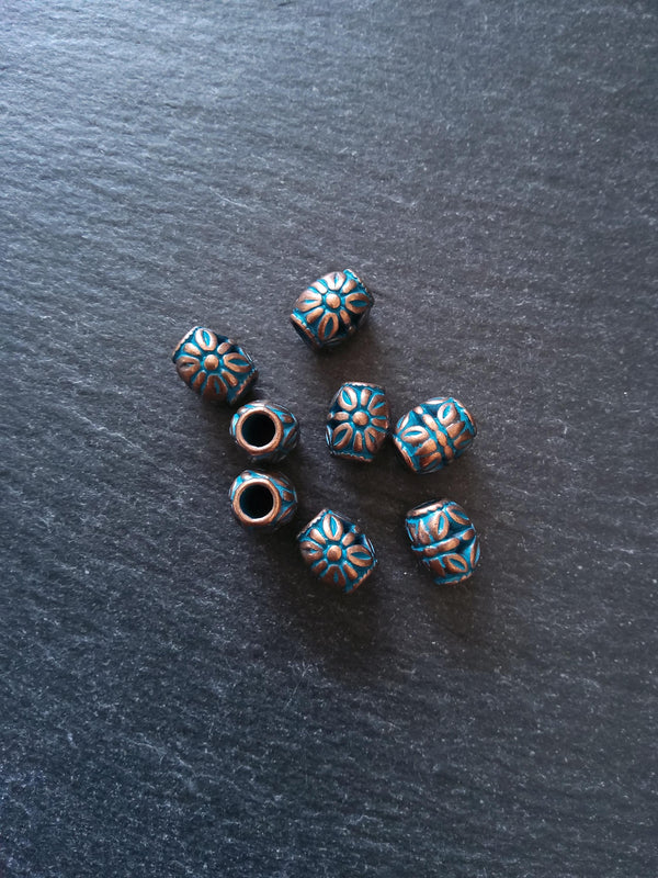 8 or 40 Flower Patterned Beads Antique Copper Tone Alloy with Blue Patina 10.3x8.8x8.5mm Hole: 3.9mm