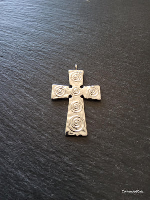 Bright Stainless Steel Cross Pendant with Swirl Pattern 47x30x1.5mm