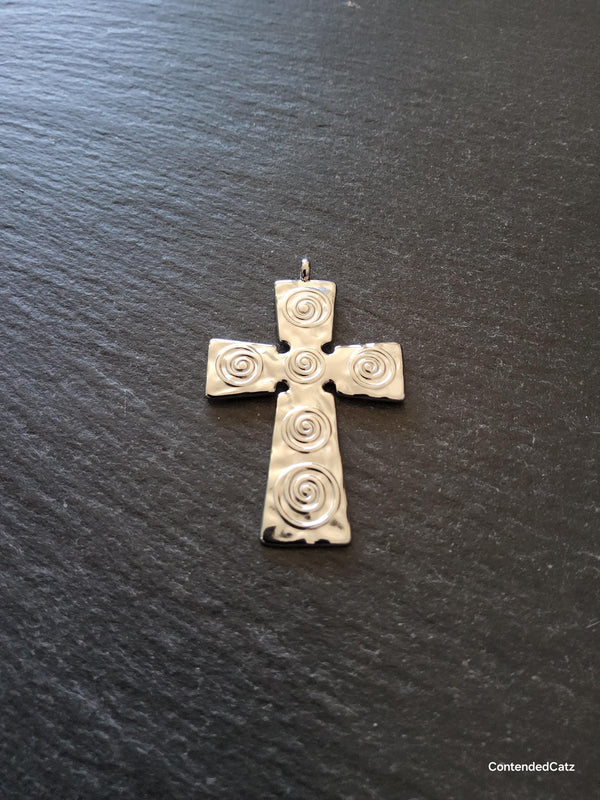 Bright Stainless Steel Cross Pendant with Swirl Pattern 47x30x1.5mm
