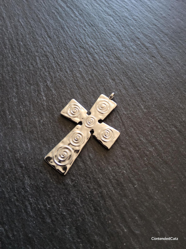 Bright Stainless Steel Cross Pendant with Swirl Pattern 47x30x1.5mm