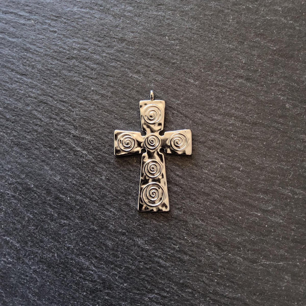 Bright Stainless Steel Cross Pendant with Swirl Pattern 47x30x1.5mm