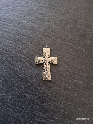 Bright Stainless Steel Cross Pendant with Swirl Pattern 47x30x1.5mm