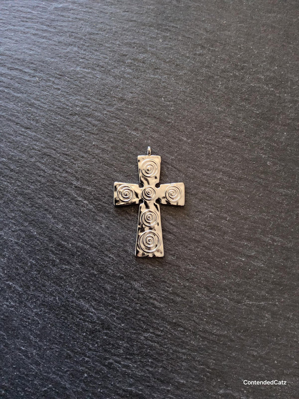 Bright Stainless Steel Cross Pendant with Swirl Pattern 47x30x1.5mm
