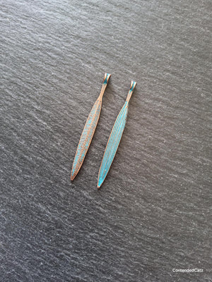 10 or 50 Long Antique Copper Alloy Leaf Charms with Blue Patina 56x6mm