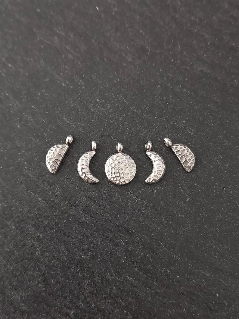 Set of 5 Little Hammered Stainless Steel Phases of the Moon Charms