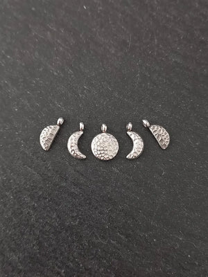 Set of 5 Little Hammered Stainless Steel Phases of the Moon Charms
