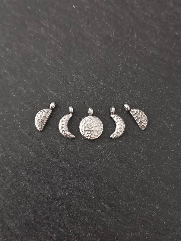 Set of 5 Little Hammered Stainless Steel Phases of the Moon Charms