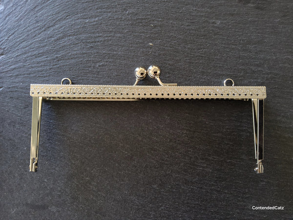 Patterned 20cm (7.9”) Silver Tone Metal Purse or Bag Frame Kiss Clasp Rectangle 20x10cm