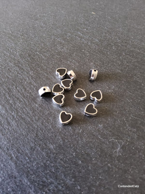 6 or 30 Heart Beads 8mm Antique Silver Tone with Black Enamel 8.5x8x4.2mm