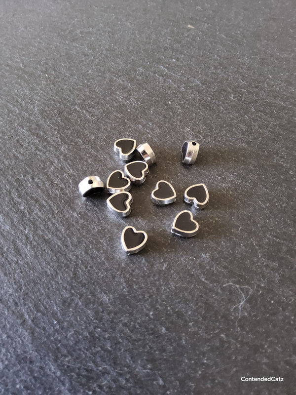 6 or 30 Heart Beads 8mm Antique Silver Tone with Black Enamel 8.5x8x4.2mm