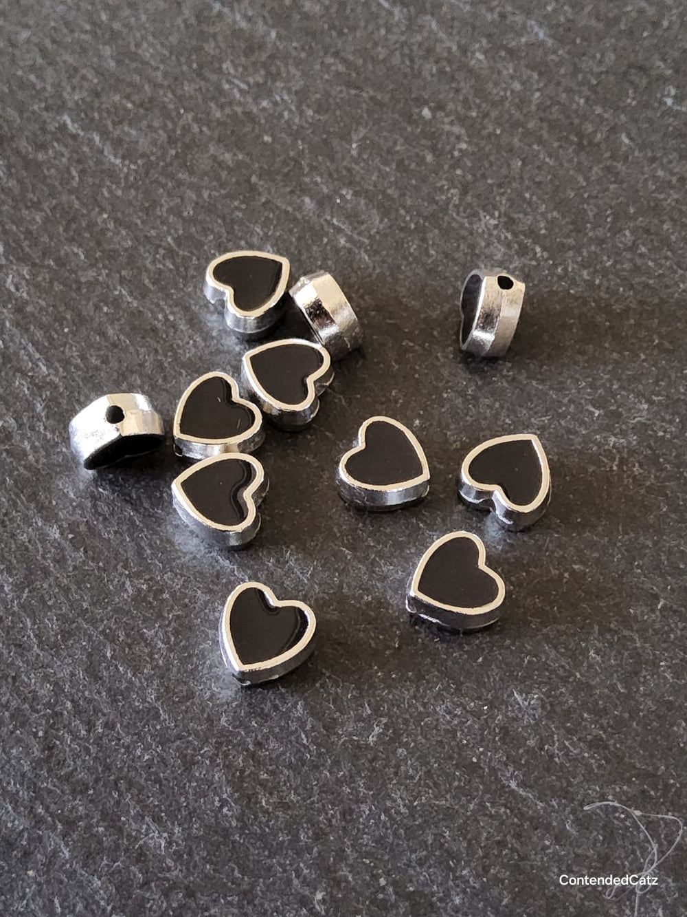 6 or 30 Heart Beads 8mm Antique Silver Tone with Black Enamel 8.5x8x4.2mm