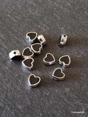 6 or 30 Heart Beads 8mm Antique Silver Tone with Black Enamel 8.5x8x4.2mm