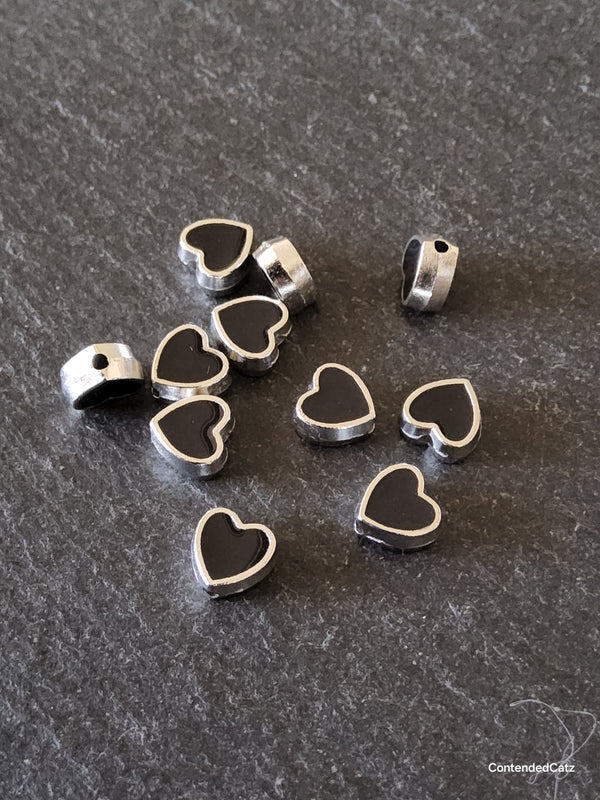 6 or 30 Heart Beads 8mm Antique Silver Tone with Black Enamel 8.5x8x4.2mm