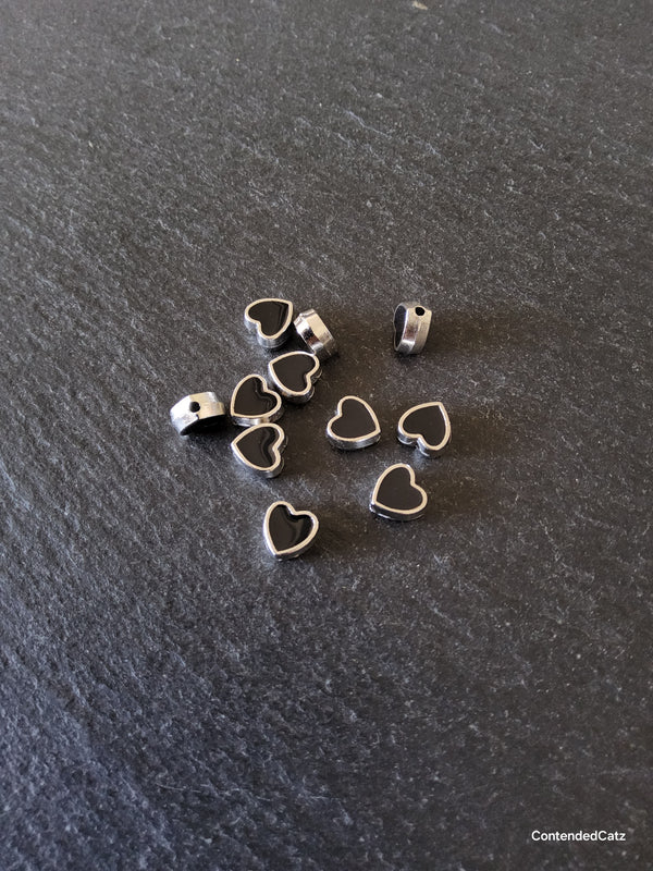 6 or 30 Heart Beads 8mm Antique Silver Tone with Black Enamel 8.5x8x4.2mm