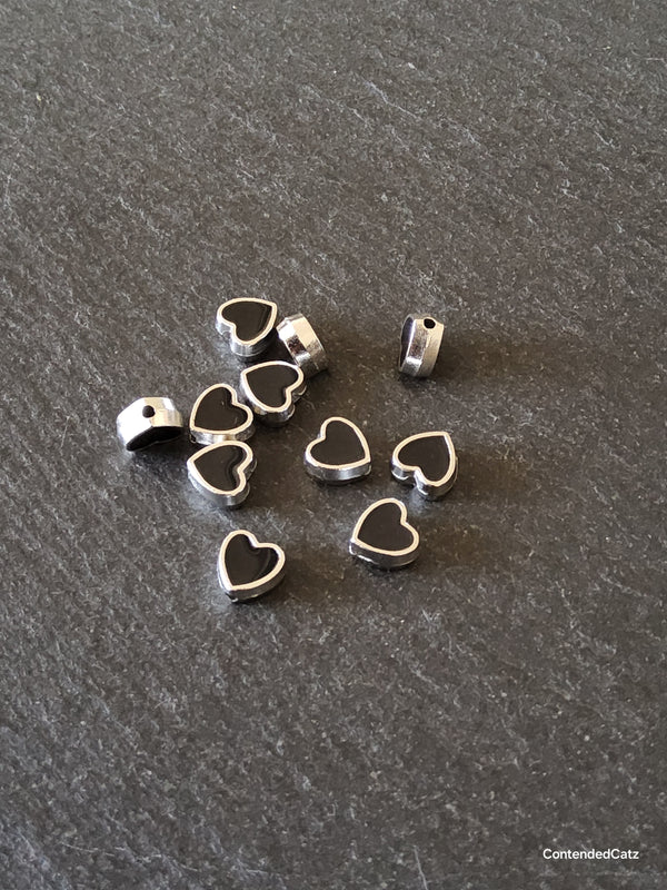 6 or 30 Heart Beads 8mm Antique Silver Tone with Black Enamel 8.5x8x4.2mm