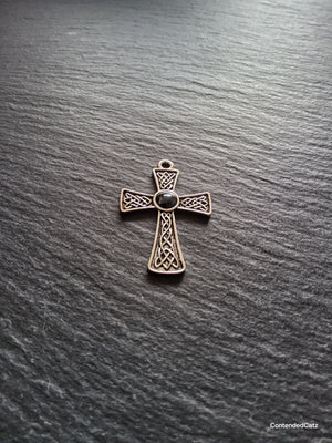 4 or 20 Celtic Knot Cross Pendant Antique Silver Tone with Hematite Cabochon 40x27mm