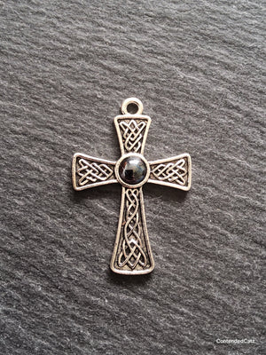 4 or 20 Celtic Knot Cross Pendant Antique Silver Tone with Hematite Cabochon 40x27mm