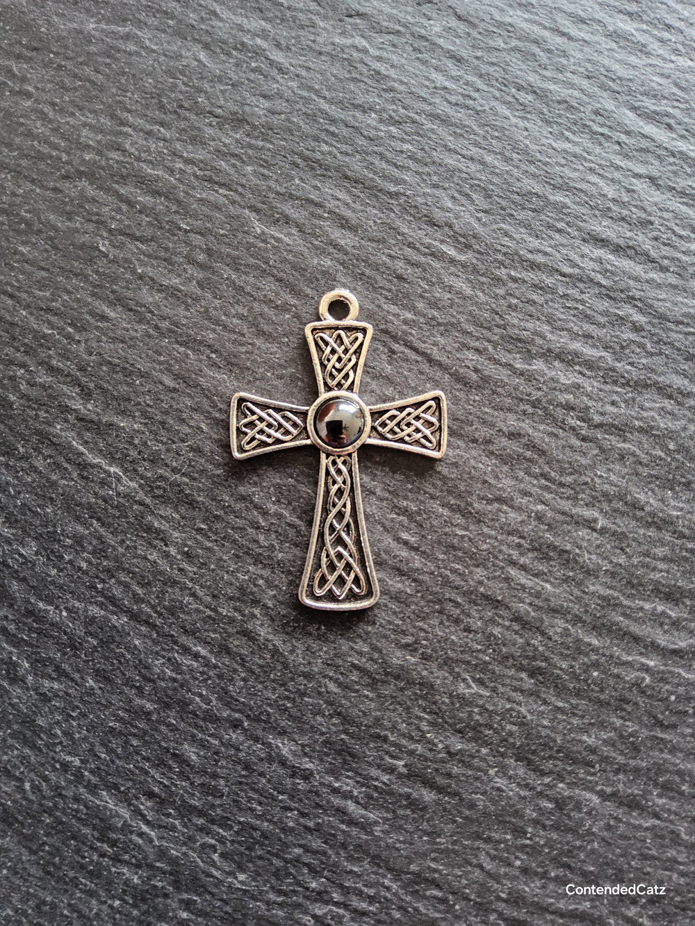 4 or 20 Celtic Knot Cross Pendant Antique Silver Tone with Hematite Cabochon 40x27mm