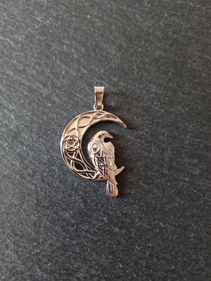 Crescent Moon & Raven Pendant Stainless Steel 36x24mm