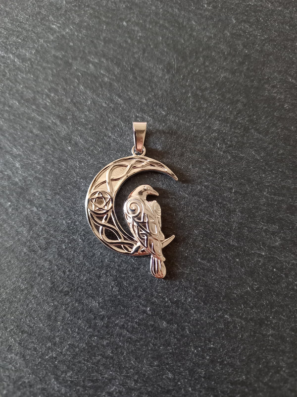 Crescent Moon & Raven Pendant Stainless Steel 36x24mm