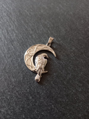 Crescent Moon & Raven Pendant Stainless Steel 36x24mm