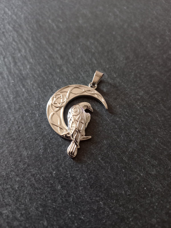 Crescent Moon & Raven Pendant Stainless Steel 36x24mm