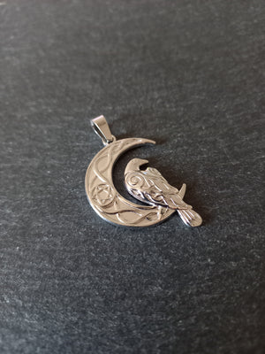 Crescent Moon & Raven Pendant Stainless Steel 36x24mm