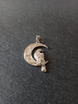 Crescent Moon & Raven Pendant Stainless Steel 36x24mm