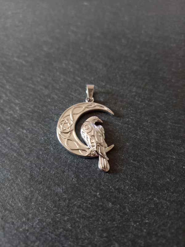 Crescent Moon & Raven Pendant Stainless Steel 36x24mm