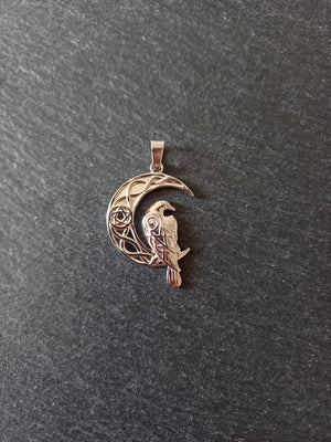 Crescent Moon & Raven Pendant Stainless Steel 36x24mm