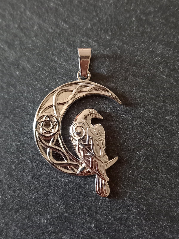 Crescent Moon & Raven Pendant Stainless Steel 36x24mm