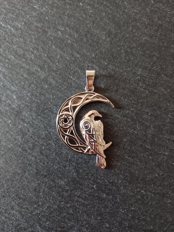 Crescent Moon & Raven Pendant Stainless Steel 36x24mm