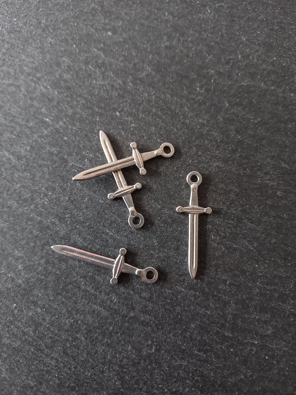2 or 10 Sword Charms Antique Silver Tone Stainless Steel 30x10x2mm