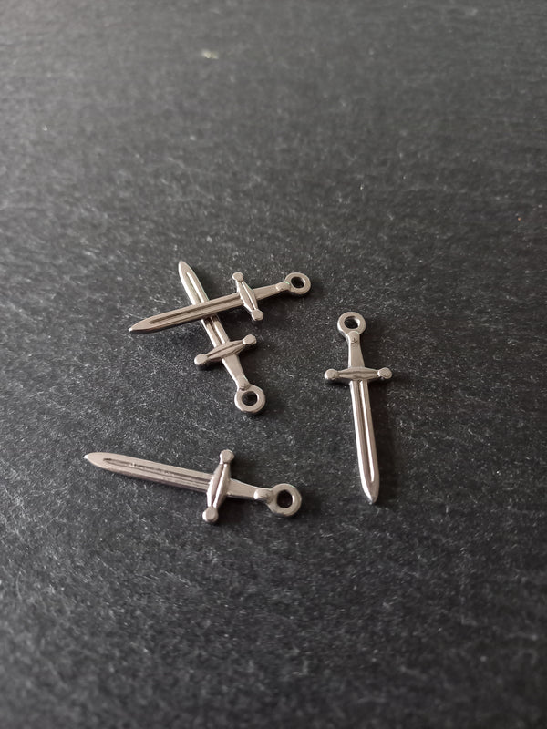 2 or 10 Sword Charms Antique Silver Tone Stainless Steel 30x10x2mm