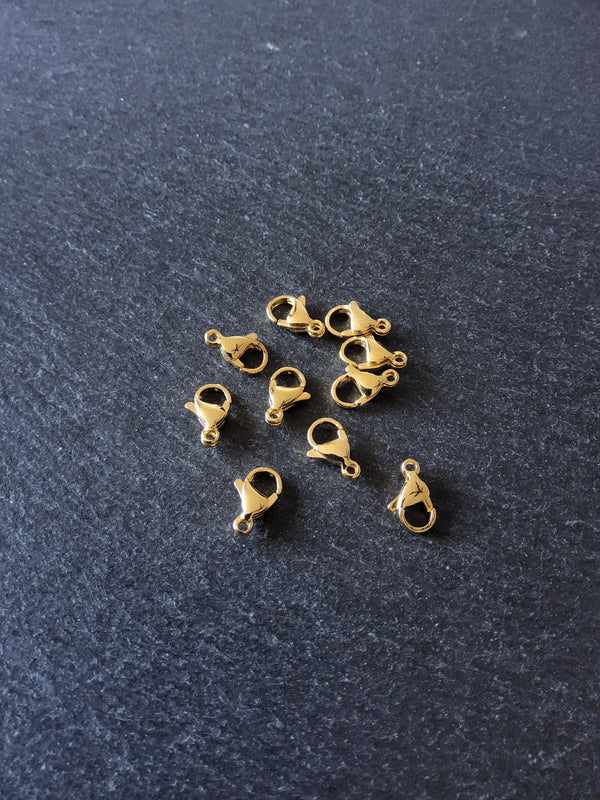 6 or 30 Stainless Steel Lobster Clasps Genuine 24K Gold Plated 10mm, 11mm, 12mm or 13mm