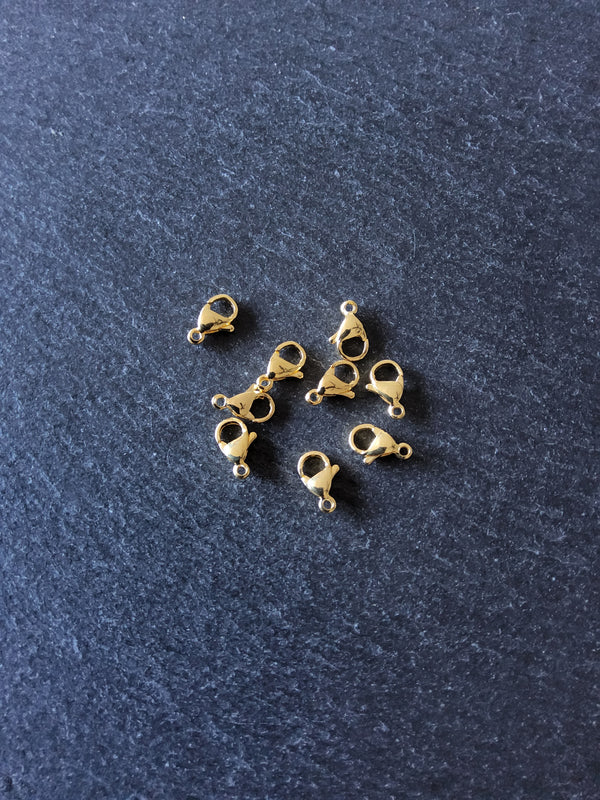 6 or 30 Stainless Steel Lobster Clasps Genuine 24K Gold Plated 10mm, 11mm, 12mm or 13mm