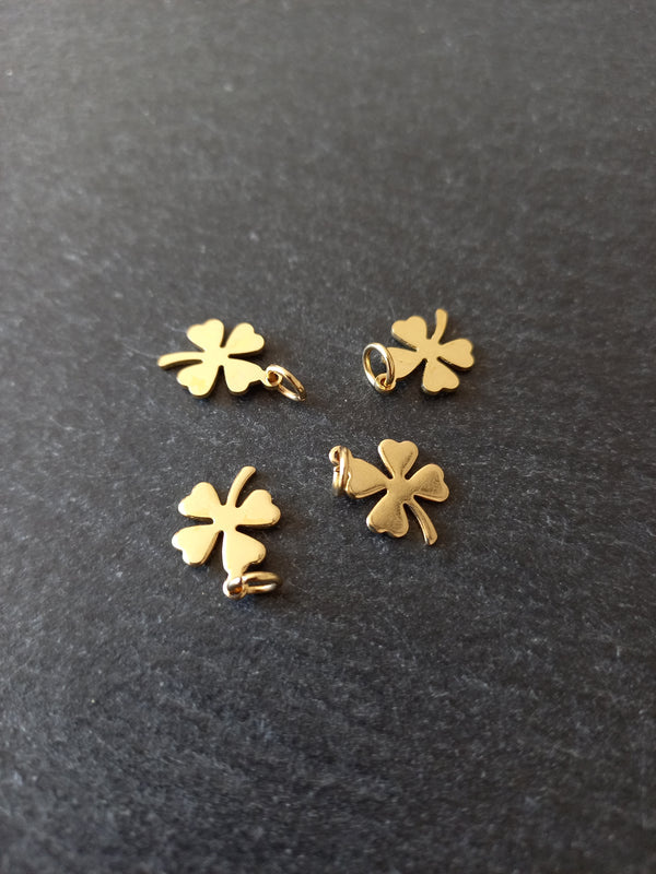 4 or 20 Four Leaf Clover Charms Genuine 24k Gold Plated Stainless Steel 13.5x10x0.8mm