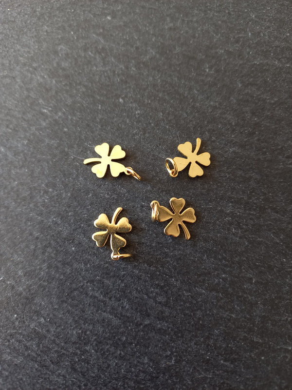 4 or 20 Four Leaf Clover Charms Genuine 24k Gold Plated Stainless Steel 13.5x10x0.8mm