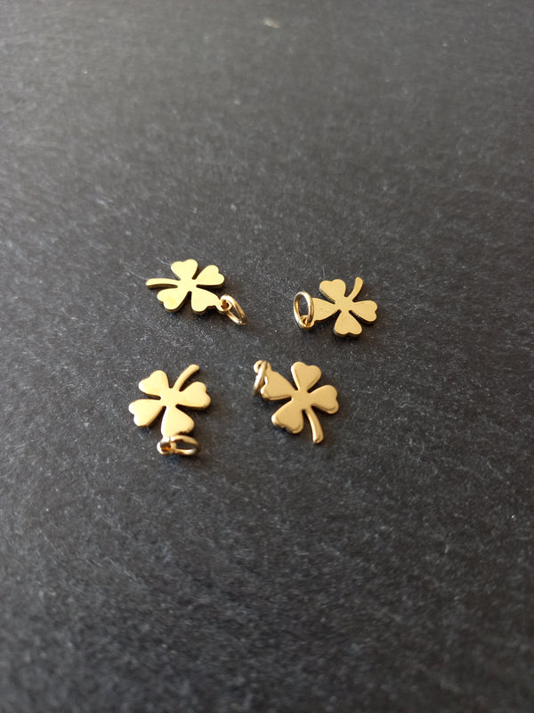 4 or 20 Four Leaf Clover Charms Genuine 24k Gold Plated Stainless Steel 13.5x10x0.8mm